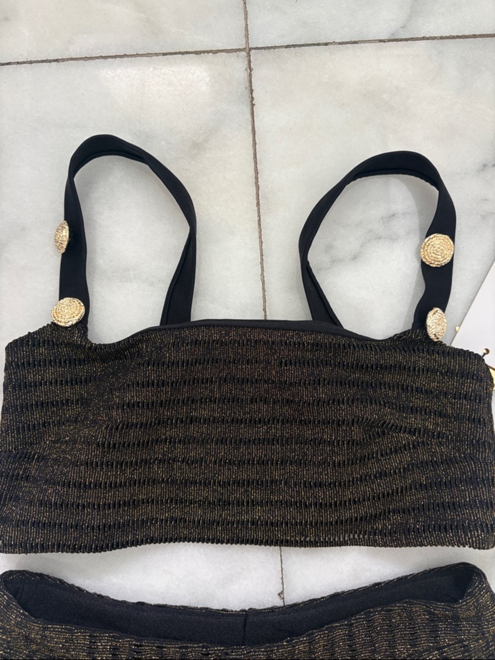 PatBO Black and Gold Metallic Knit Crop Top & High-Waist Shorts - Picture 2 of 6